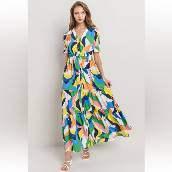 38 Beautiful Multi Color Tiered Button Down Maxi Dress - Picture 3 of 5